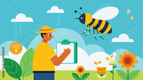 Pollinator counts are conducted regularly on a smart farm to monitor the health of bee populations which are crucial to maintaining biodiversity and crop production.. Vector illustration