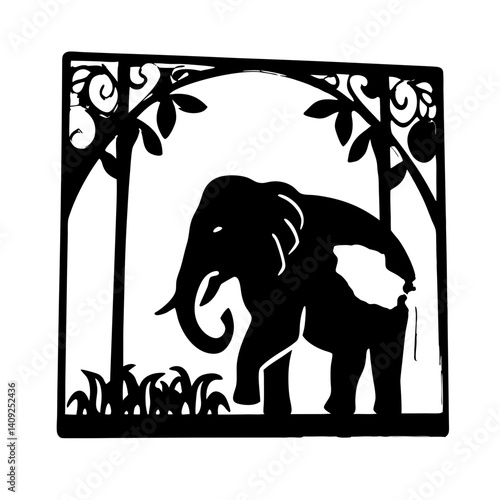 Silhouette of an Elephant in a Decorative Frame with Jungle Trees and Grass