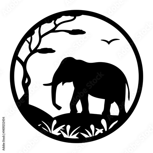 Silhouette of a magnificent elephant in the African savanna within a circle design