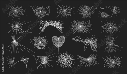 Spooky halloween old cobweb with various sizes and shapes. Old spider web set flat vector illustration for dark gothic decoration for holidays. Corner spider net insect thread cobweb scary frames.