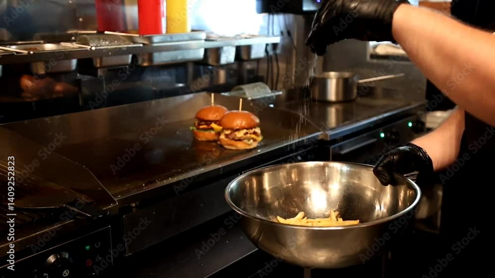 Two juicy cheeseburgers with toppings sit on a hot grill, while a cook in black gloves seasons fries in a metal mixing bowl nearby Two juicy cheeseburgers with toppings sit on a hot grill, while a cook in black gloves seasons fries in a metal mixing bowl nearby