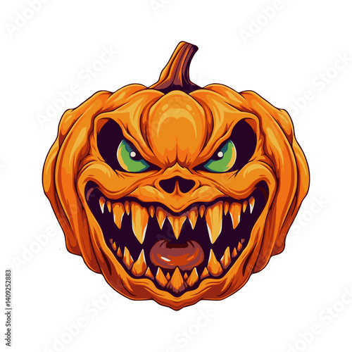 Fierce jack-o'-lantern with menacing eyes and sharp teeth in cartoon style on white background, symbolizing Halloween horror concept
