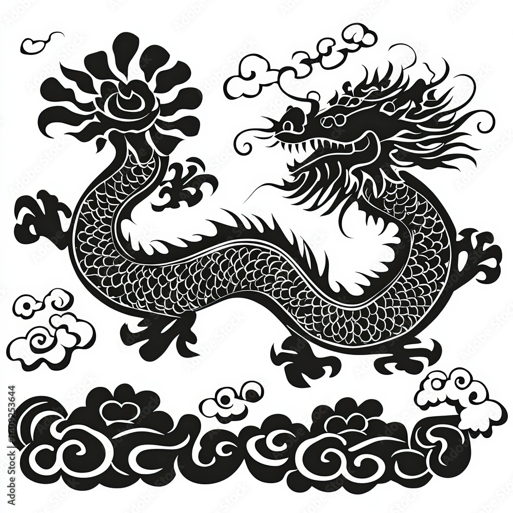 Chinese Dragon Silhouette, Black And White Illustration Isolated On White Background