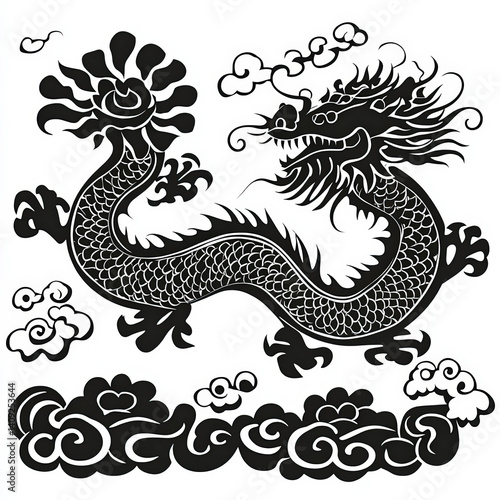 Obraz na płótnie Chinese Dragon Silhouette, Black And White Illustration Isolated On White Background w salonie