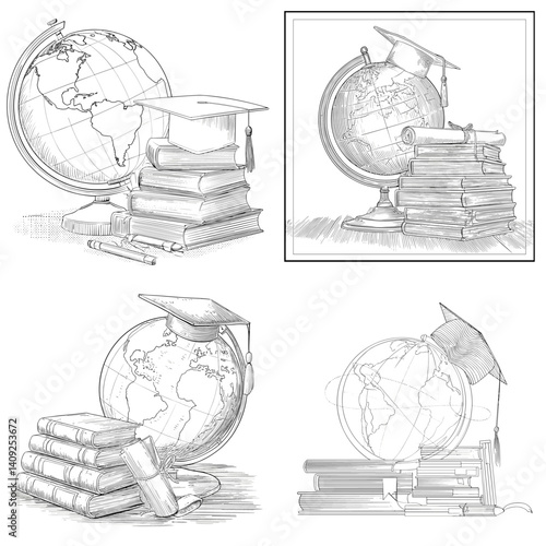 Hand-drawn sketch of globes with graduation caps and stacked books, symbolizing global education, academic achievement, and international learning.

