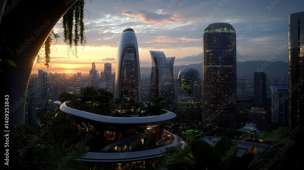 Fototapeta premium Futuristic city rooftop garden at sunset