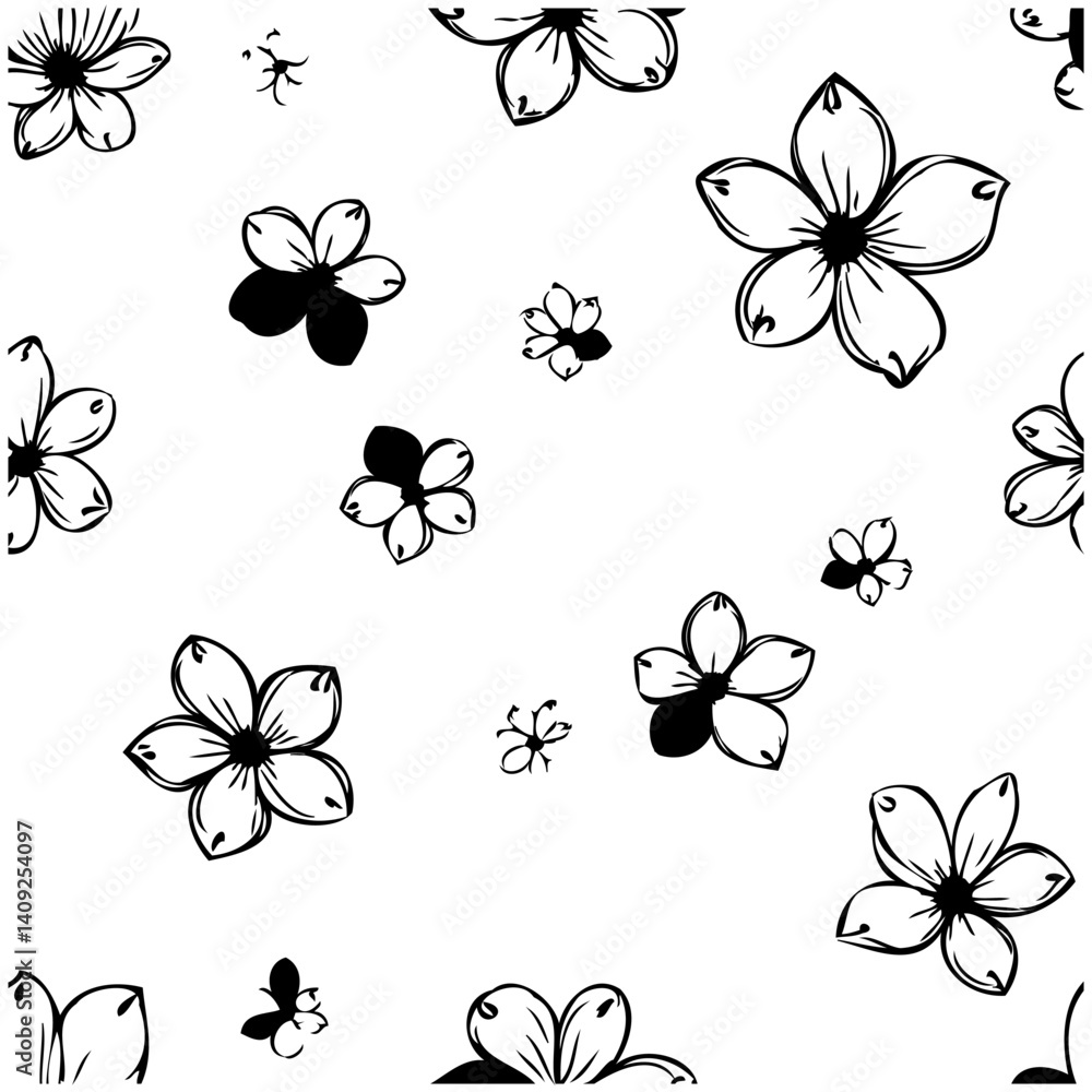 Fototapeta premium Seamless Floral Pattern with Black Outlines