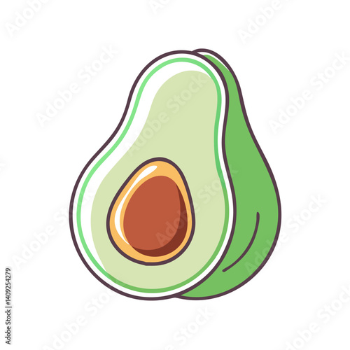 A vibrant illustration of a halved avocado showcasing its creamy pale green flesh and a rich brown seed