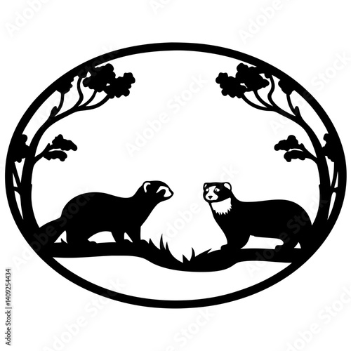Silhouette Illustration of Two Ferrets Enclosed within an Oval Frame with Trees