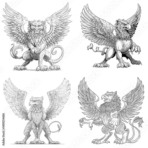 Intricate line art of griffins with wings and lion-eagle features in mythical poses. Ideal for fantasy books, tattoo designs, RPG artwork, heraldry, and medieval illustrations.


