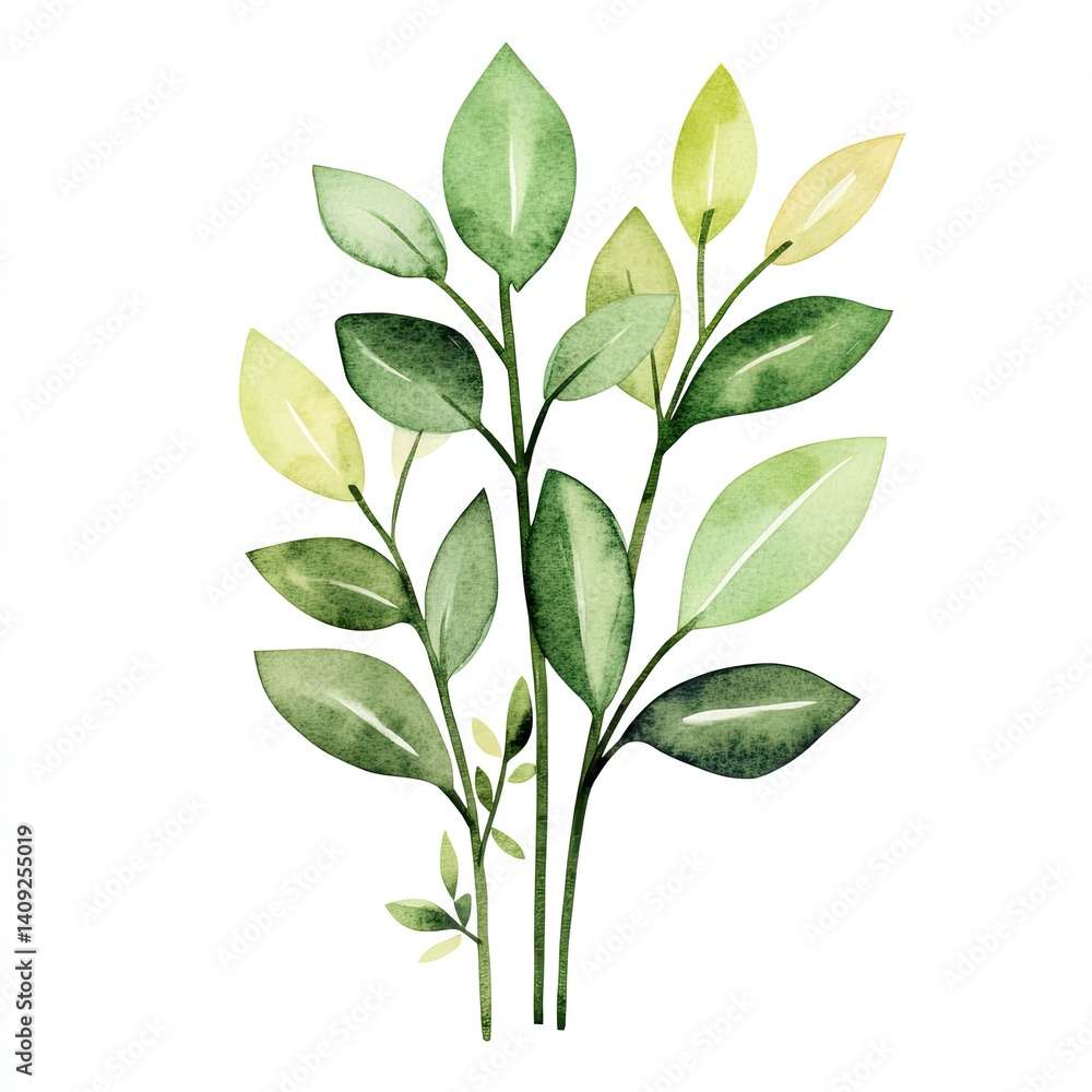 Fototapeta premium Pastel watercolor green plants artwork on white background for botanical design creation