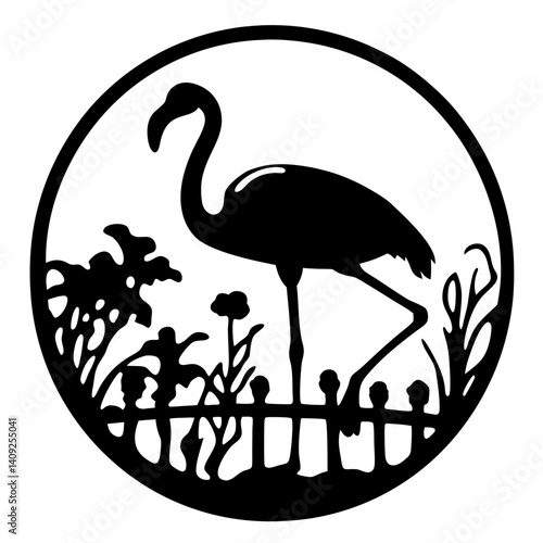 Silhouette flamingo in a garden scene, circle design, classic, black and white