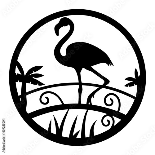 Elegant Flamingo Silhouette within a Circular Tropical Paradise Illustration Design