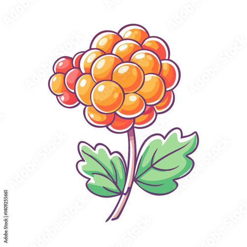 A vibrant illustration of a cloudberry plant with ripe orange and red berries and lush green leaves