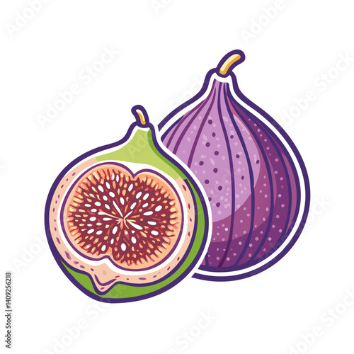 A vibrant illustration of a halved fig and a whole fig showcasing their rich purple and green hues
