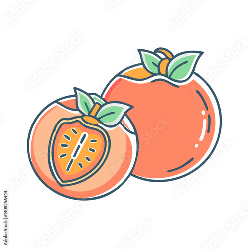 A vibrant illustration of two ripe persimmons one sliced open revealing its sweet orange flesh and seeds the other whole showing its smooth skin and green leaves