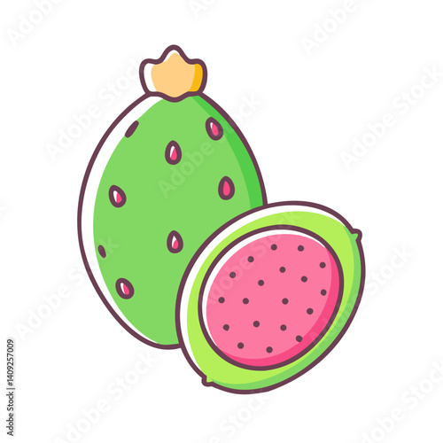 A vibrant illustration of a prickly pear cactus fruit with a juicy pink interior showing a cross section