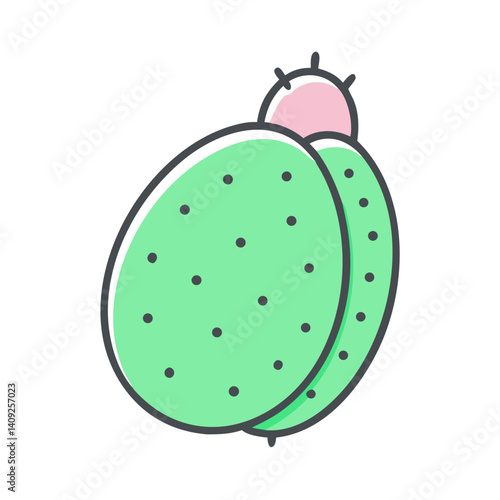 Illustration of a Prickly Pear Cactus Fruit a Vibrant Green Color with Small Dark Spots and a Pink Top
