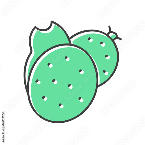 A pair of prickly pear pads illustration a vibrant green color with small black seeds a bitten pad and a whole pad
