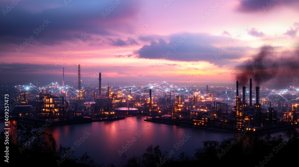 Industrial complex at sunset over river with interconnected technology Industrial complex at sunset over river with interconnected technology