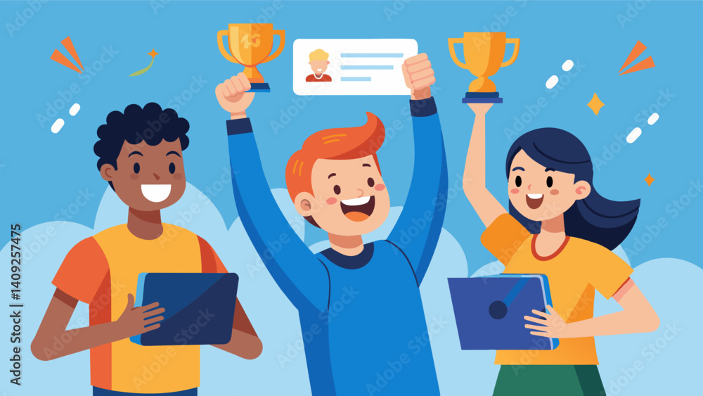 A group of students joyfully celebrating as their software application wins first place at a student coding competition.. Vector illustration A group of students joyfully celebrating as their software application wins first place at a student coding competition.. Vector illustration