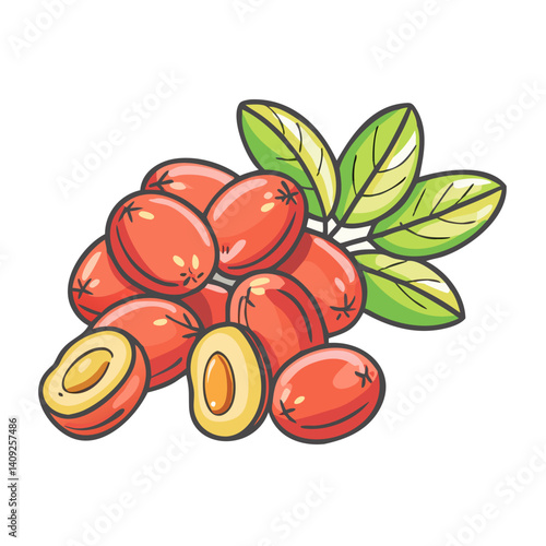 A cluster of vibrant red jujubes with green leaves a delightful illustration of fresh jujubes