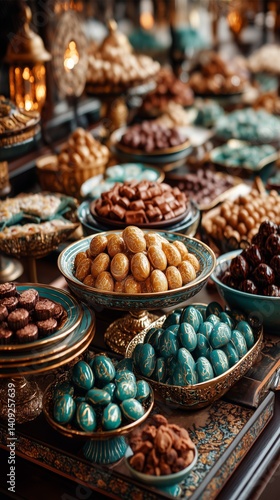 Colorful display of traditional oriental sweets, chocolate eggs, and candy-coated treats at a market stall. Rich textures, vibrant colors, and festive atmosphere of a Middle Eastern bazaar