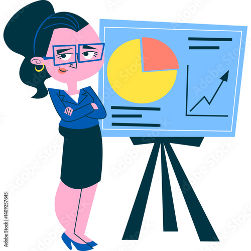 vector illustration of a business woman showing business graphs and charts
