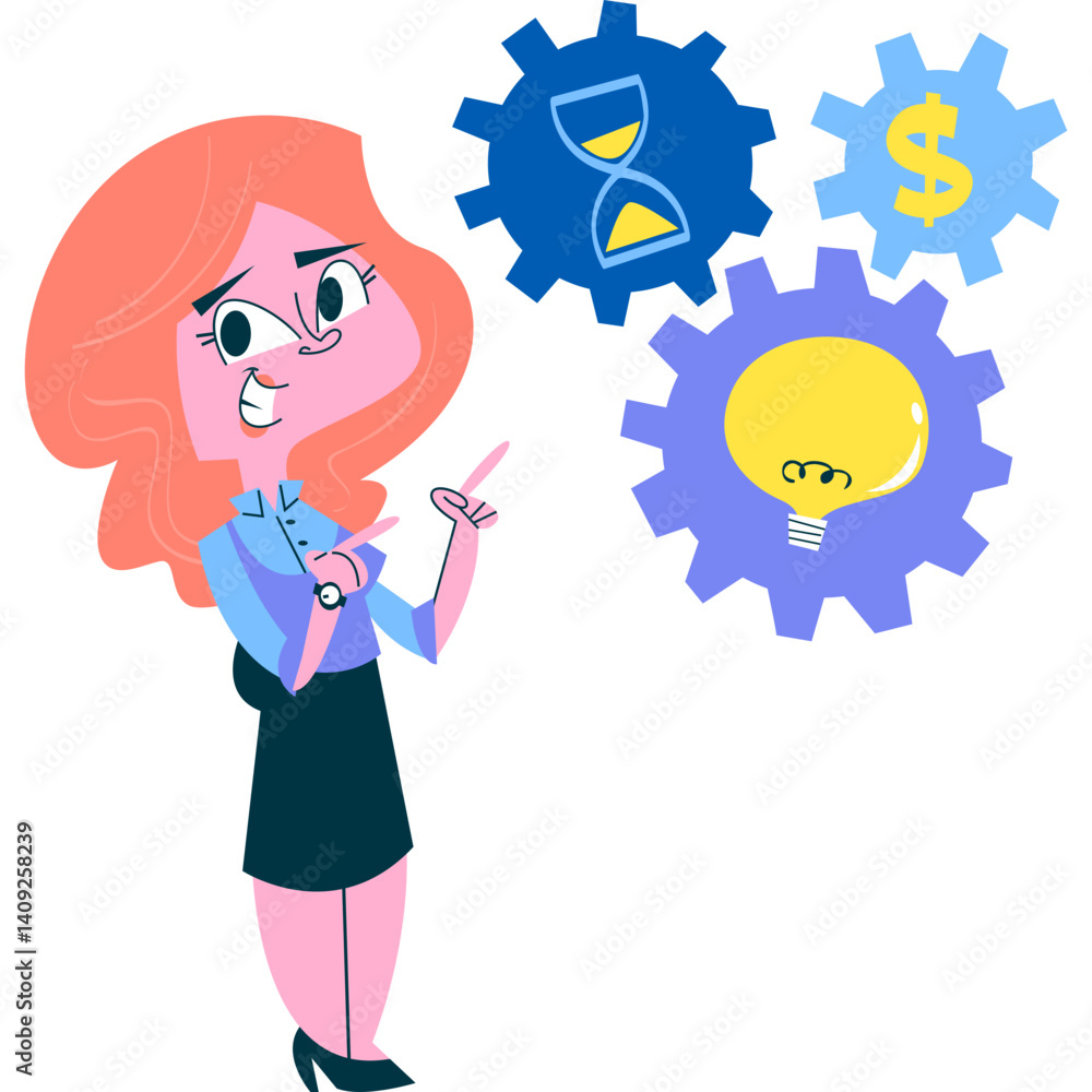 vector illustration of business woman thinking about ideas, time management and money vector illustration of business woman thinking about ideas, time management and money