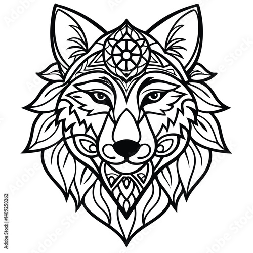 This wild animal art features a vector illustration of a wolf and lion head, suitable for a tribal tattoo or mascot icon, showcasing their powerful predator faces photo