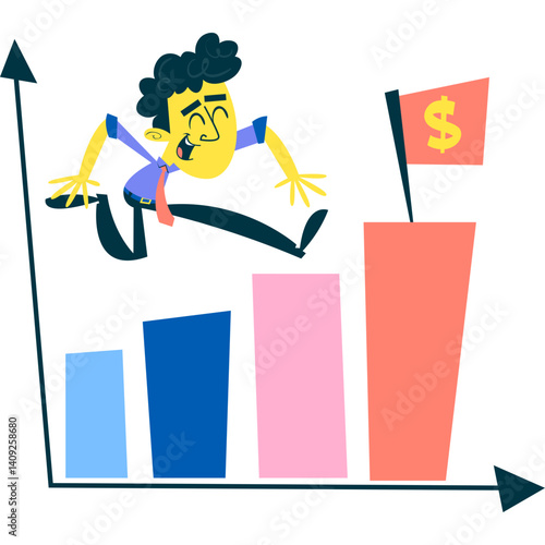 illustration of business graph. A character is jumping on a graph which shows the business growth and close to money