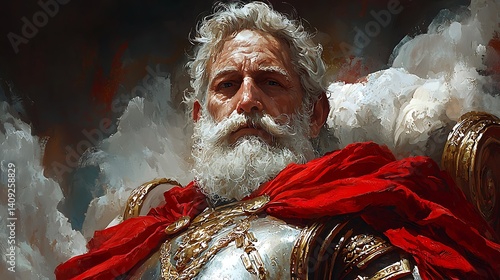 Painting of Wise Old Man in Armor with Red Cape and Beard