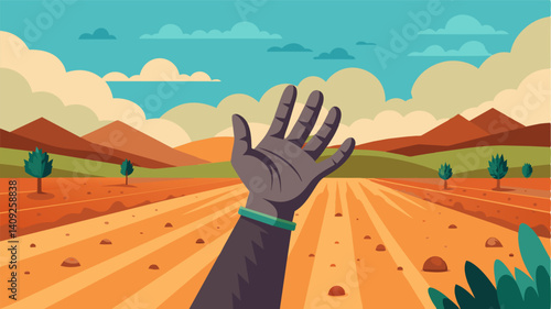 The farmers hand covered in a fine layer of dust and dirt a result of working in the droughtridden fields.. Vector illustration