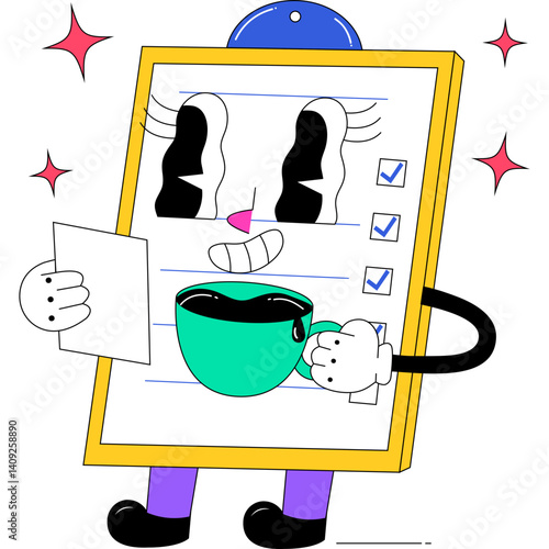 vector illustration of a cartoon character in the shape of to-do list or checklist drinking coffee and reading a paper