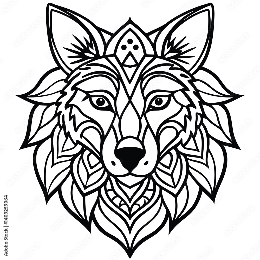 Obraz premium Vector illustration of a wild wolf head, a tribal animal drawing like a tattoo, similar to a dog or lion mascot