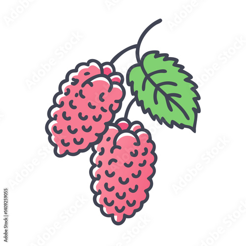 Illustration of Two Pink Raspberries on a Branch with Green Leaf