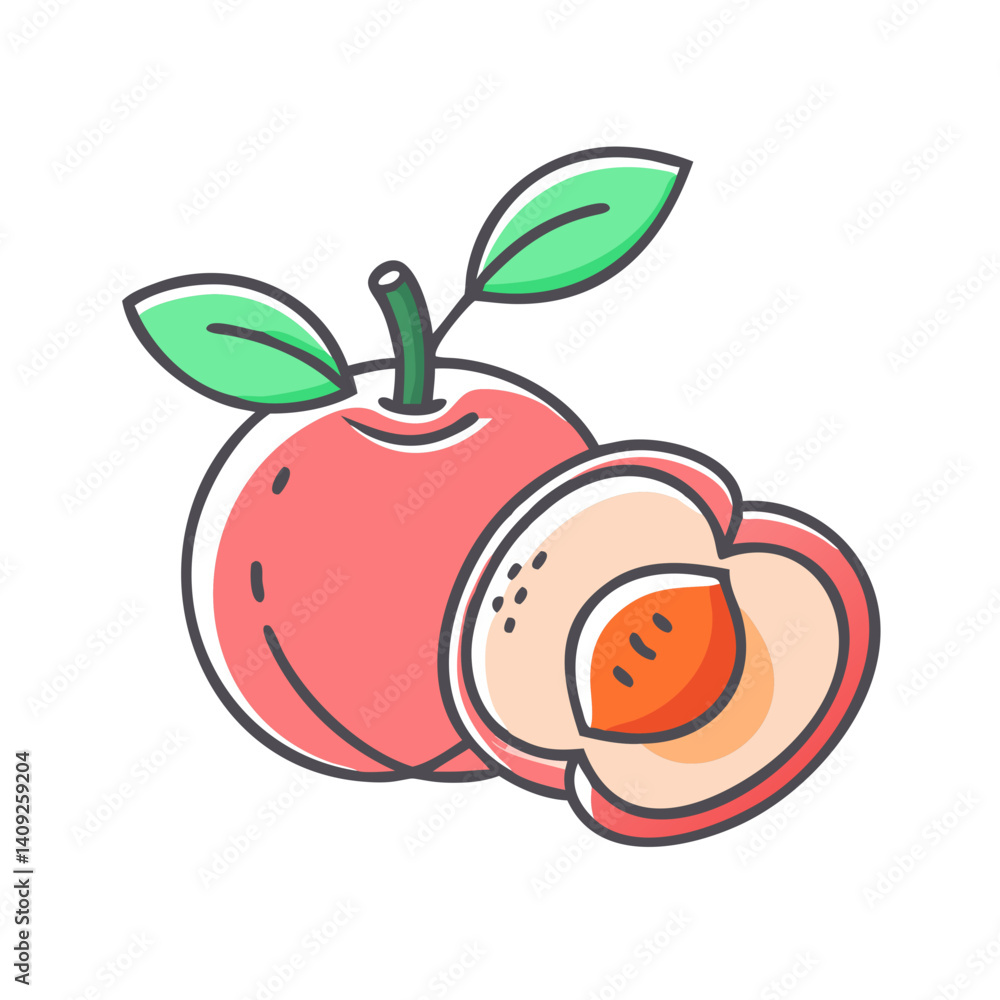 Obraz premium A Delicious Juicy Peach Halved Showing The Inside Fruit And Pit A Summer Fruit Illustration