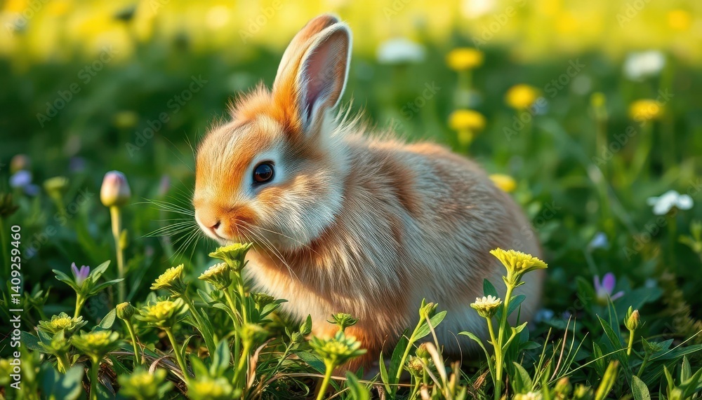 Fototapeta premium A fluffy brown rabbit nibbles clover in a sun-drenched meadow, green, rural