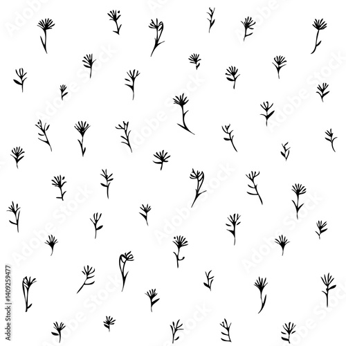 Seamless pattern, delicate floral, hand-drawn, black