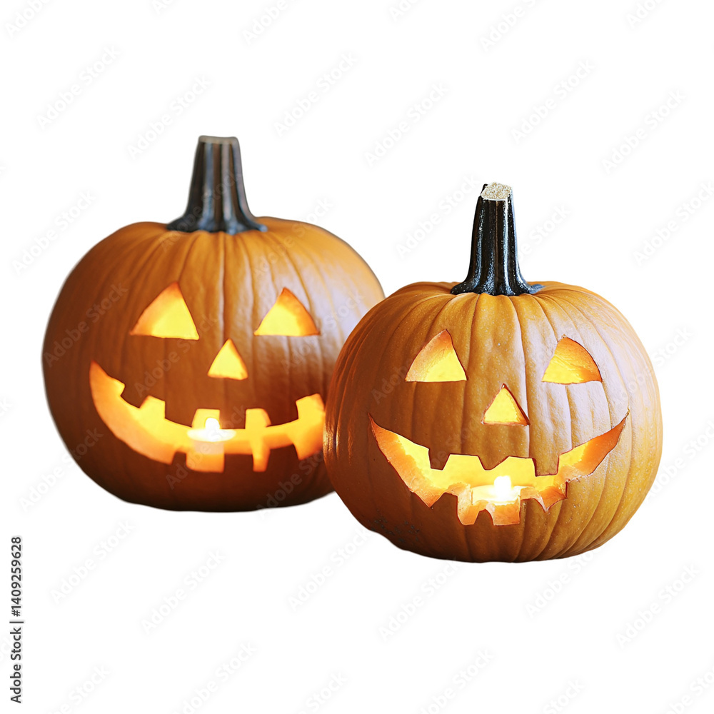 Two glowing jack-o-lanterns Halloween pumpkins, Two glowing jack-o-lanterns Halloween pumpkins,