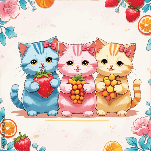 Three cute little cats holding fruit. generate AI.