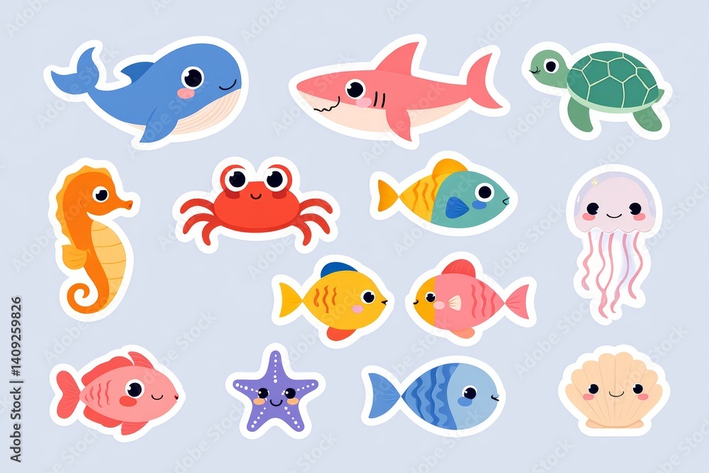 Fototapeta premium Cute cartoon ocean creatures on a light gray background.