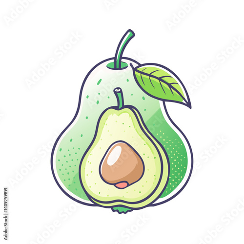 Illustration of a whole avocado and a half avocado showing the seed inside a vibrant green color palette