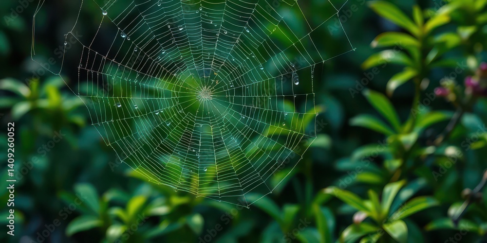 Naklejka premium A glistening spiderweb, heavy with dew, hangs in a vibrant green forest, natural, leaves