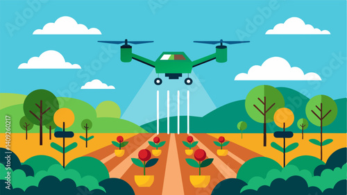 Drones spraying crops means fewer human errors and a more even distribution of fertilizers and pesticides for healthier plants.. Vector illustration