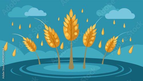 It was a heartbreaking sight to see the golden grains of rice floating aimlessly in the water from their stalks and robbed of their nutrients by the floods.. Vector illustration