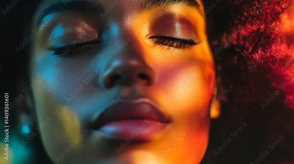 Closeup of a woman's face with colorful light shining on her skin Closeup of a woman's face with colorful light shining on her skin