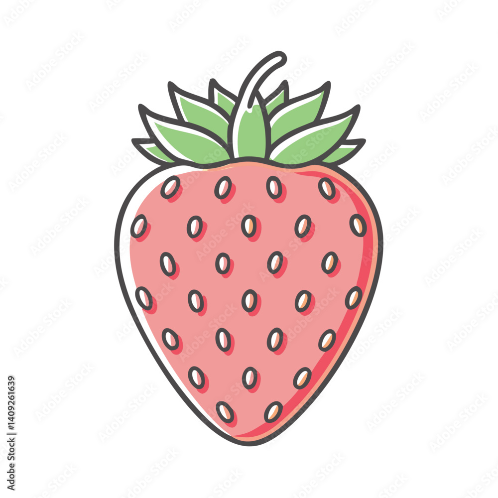 Fototapeta premium A delightful illustration of a ripe red strawberry with detailed seeds and vibrant green leaves