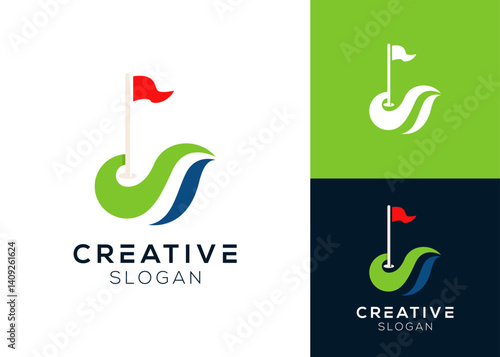 Golf field with green area and lake abstract logo design