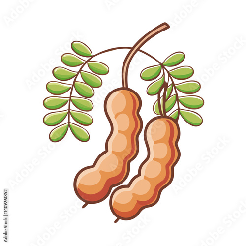 Illustration of Two Ripe Tamarinds on a Branch with Lush Green Leaves